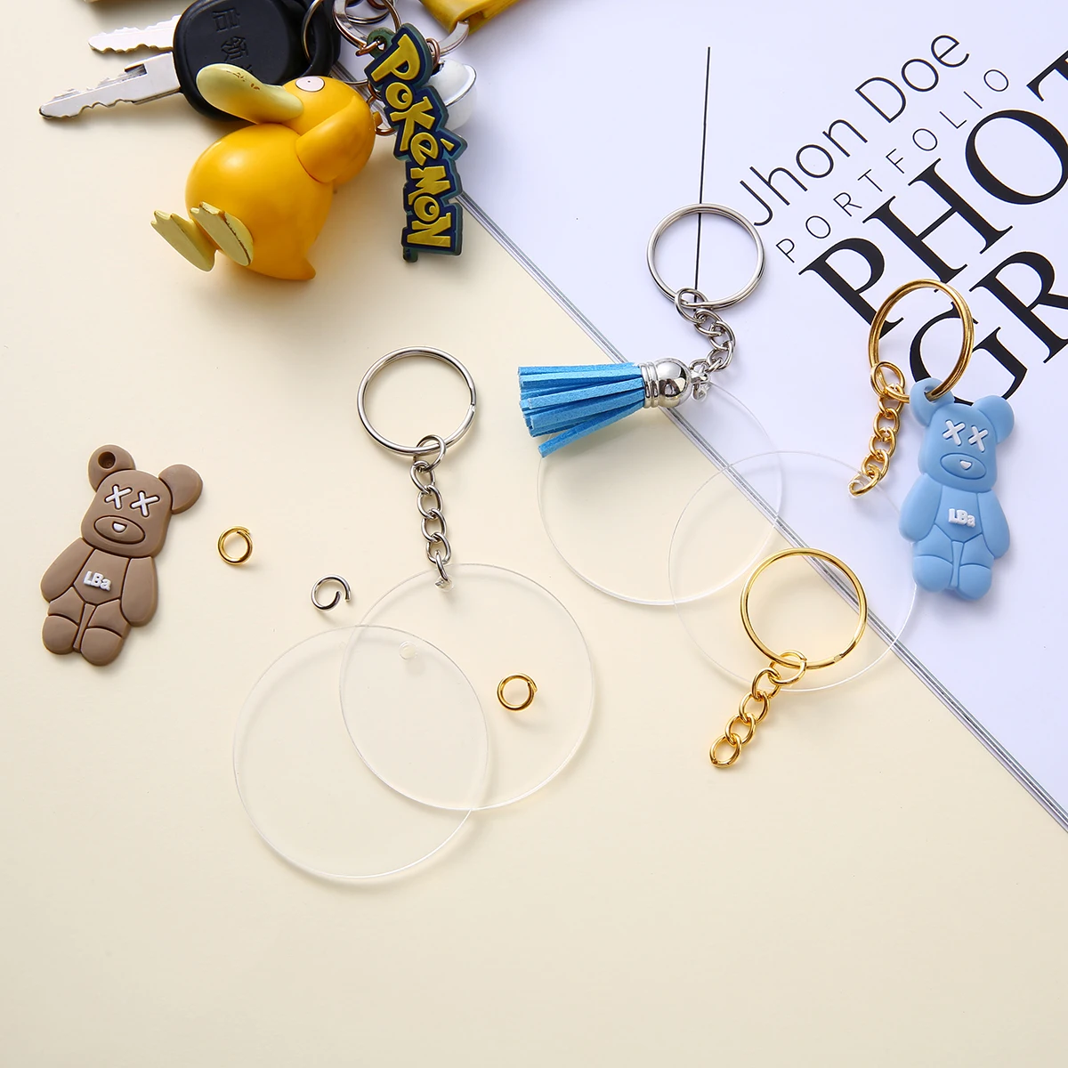Blank Clear Round Acrylic Keychain Blanks Matching Key Ring Extender Chain Jump Rings Connector Hardware for DIY Keychains