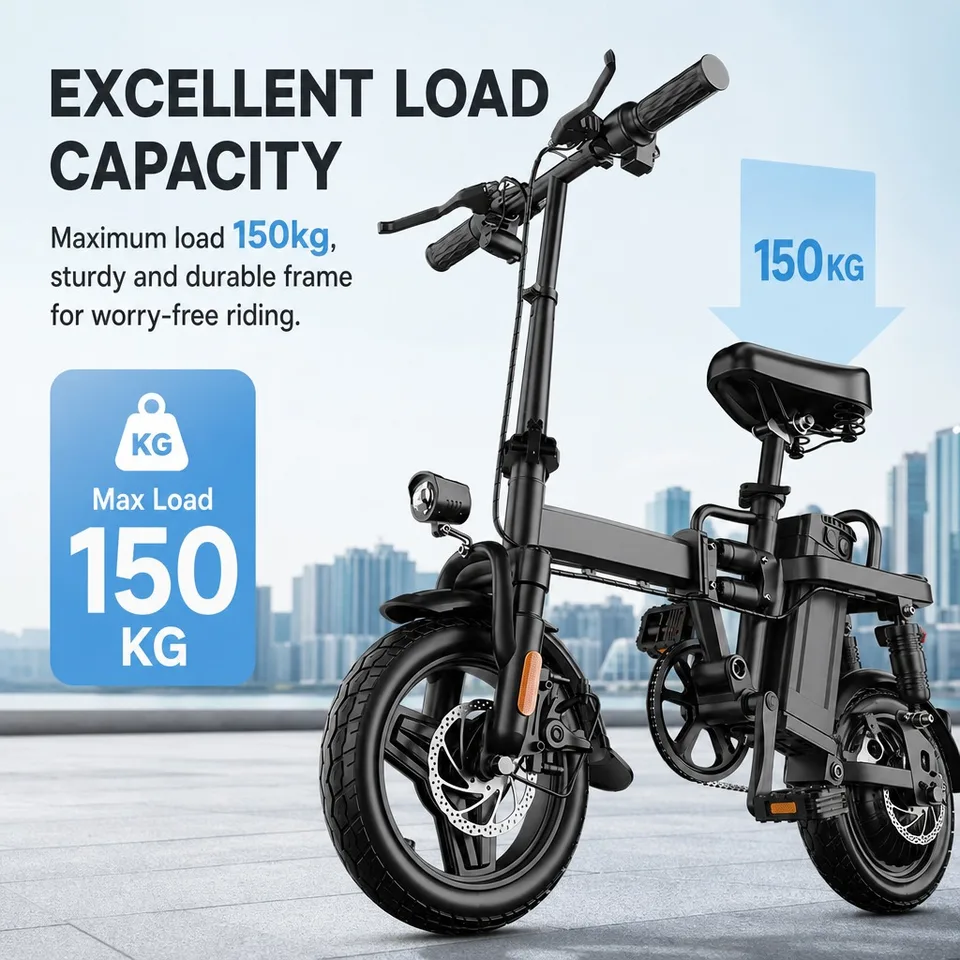 48V 500W Powerful Electric Bike, 43km/h Top Speed, 60km Assist Range, 14" Foldable Frame Fits Trunk, Dual Disc Brakes Rain-Ready, 150kg Load, Fenders & Basket Included, Commuter E-Bike image 9