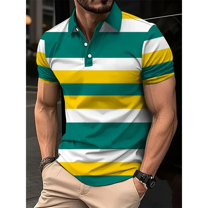2024 New Men's Summer Short Sleevedpolo Shirt Lapel 3d Digital Printed Striped Polo Shirt Men Busibness Casual Top Men Clothing image 2
