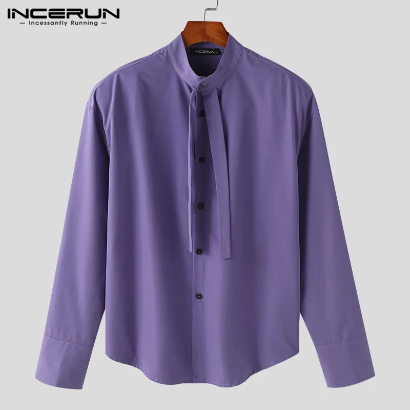 INCERUN Tops 2024 Korean Style New Men\'s Solid Bow Tie Design Blouse Casual Fashion Male Shoulder Pad Long Sleeved Shirts S-5XL