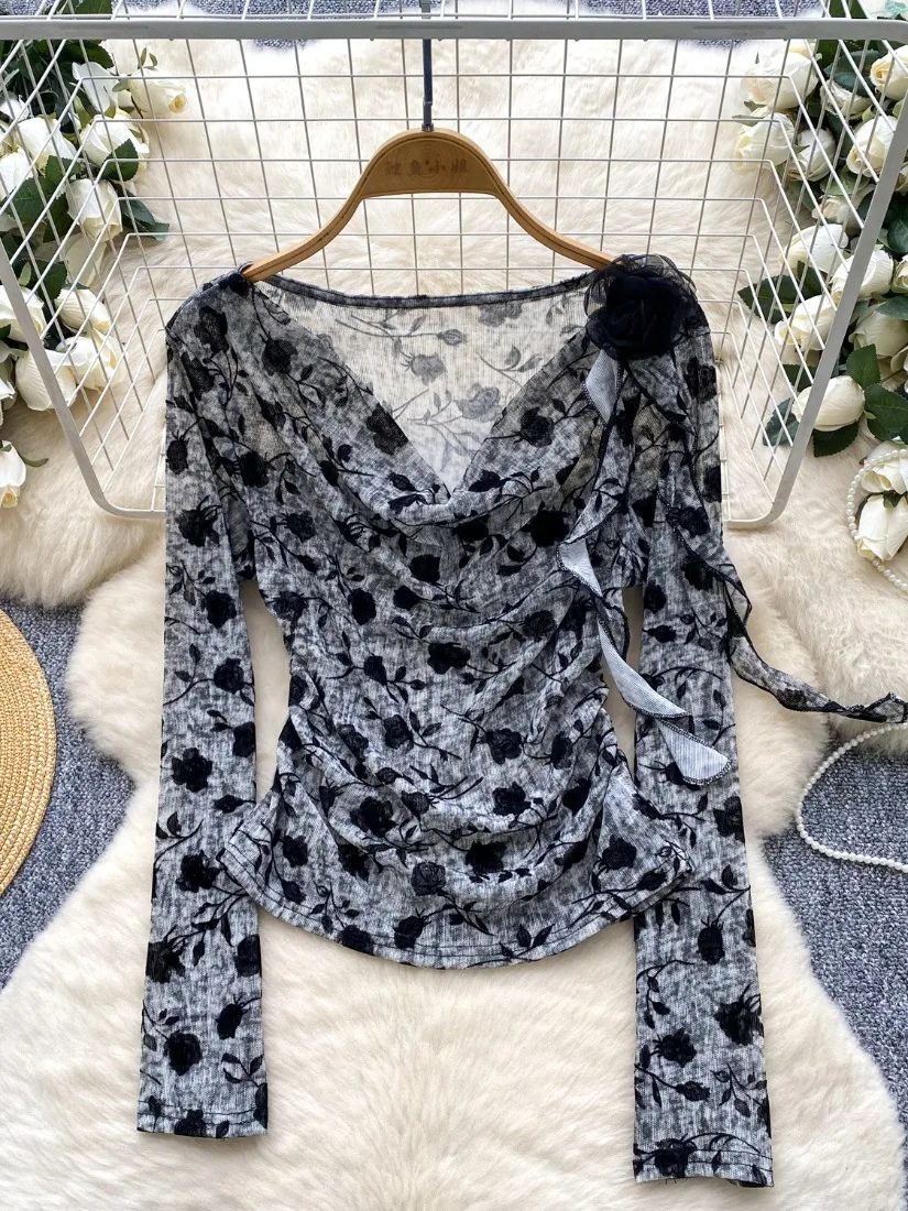 Foamlina Retro Romantic Atmosphere Floral Cowl Neck Top Women Autumn Slim Fit 3D Flower Beautiful Elegant Blouse T-shirt