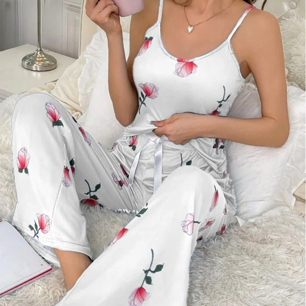 Ladies Two Piece Pajamas Floral Printed Sexy Casual Lift Pants Loungewear