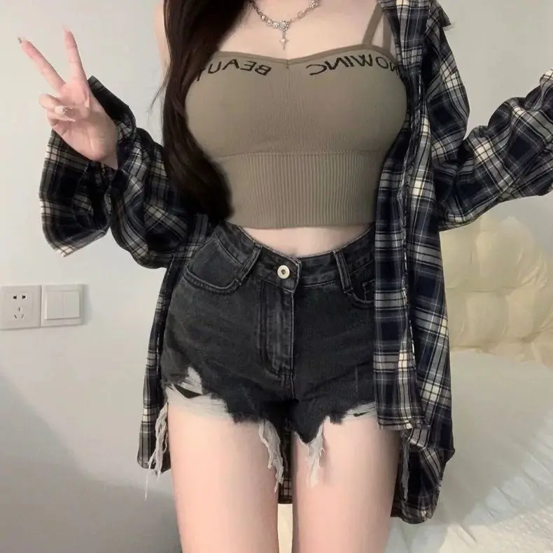 

American High Street Black Grey Washing Ripped Denim Shorts for Women