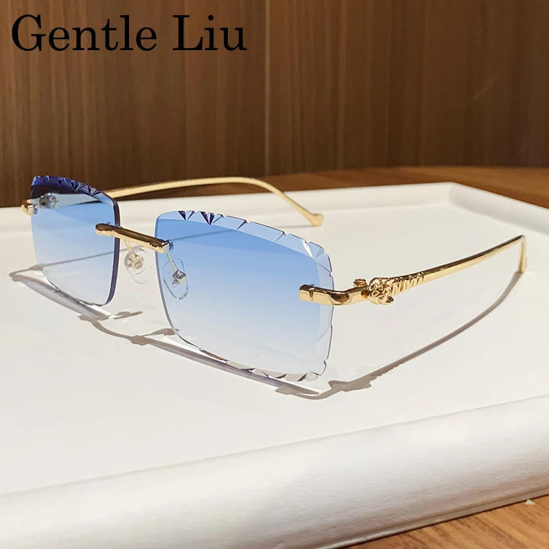 Fashion Small Rectangle Rimless Sunglasses Men 2025 Luxury Brand Square Frameless Metal Frame Cut Edge Eyewear For Male Shades