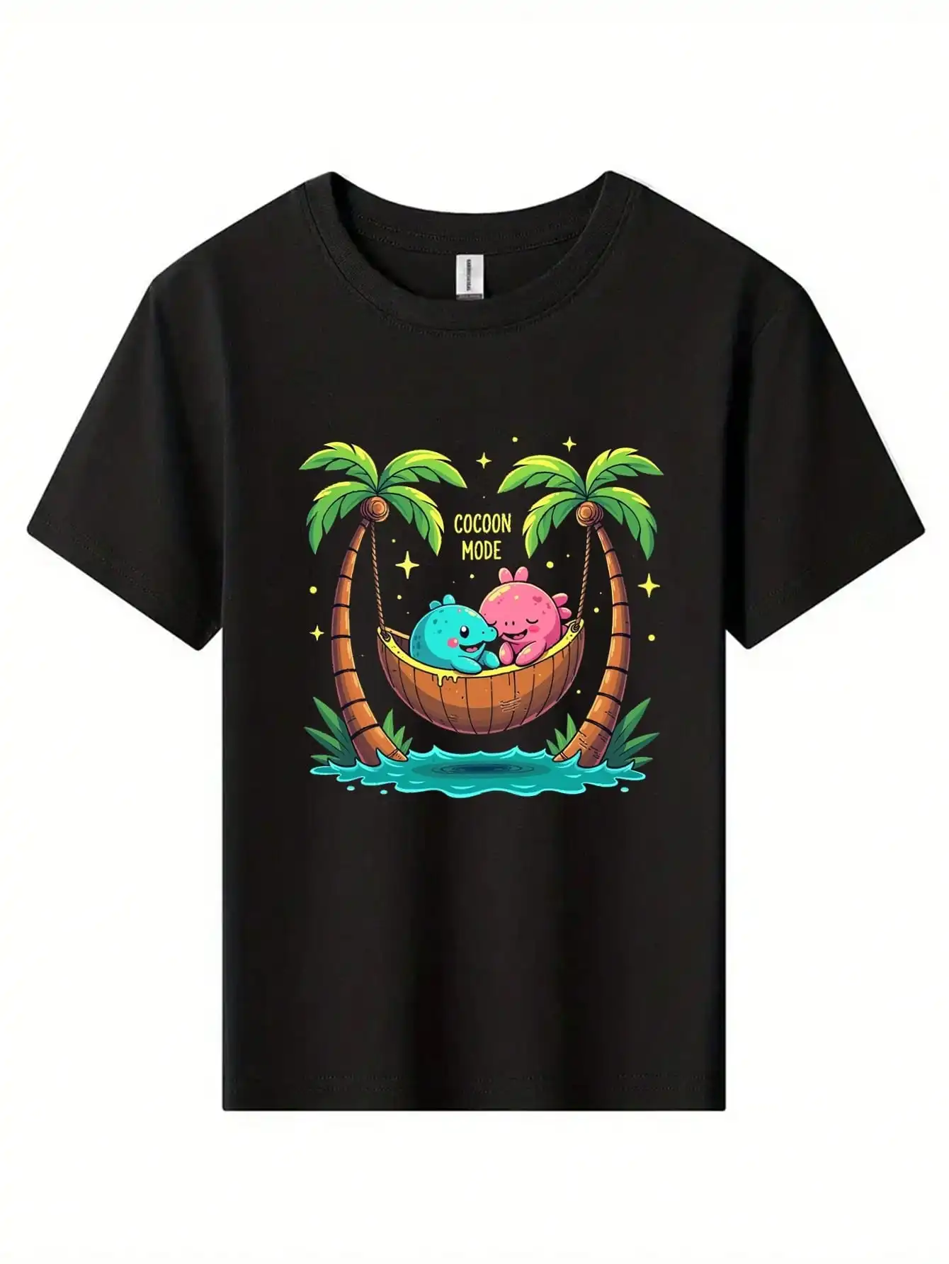 

Tropical Paradise Cotton T-Shirt, Black Tee With Palm Trees & Cute Creature Print, Cocoon Mode Summer Tops
