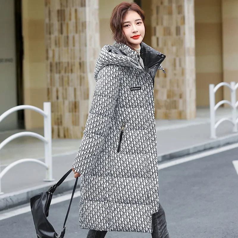 Detachable Hat Printed Down Cotton-Padded Jacket Women Overcoat 2024 Winter New Korean Thick Warm Parka Mid-Length Cotton Jacket