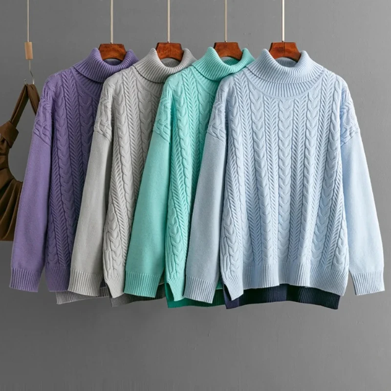 

Осень-зима, женские пуловеры с высоким воротником, топ большого размера с длинными рукавами, повседневный свободный джемпер, толстый теплый вязаный свитер для женской одежды