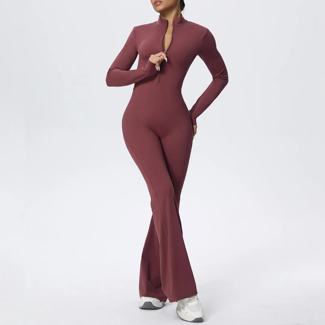 

Women's Zipper Long-Sleeve Yoga Jumpsuit Tight Hip Lift Sports Bodysuit One-Piece Fitness Suit Running Workout Gym Sportswear