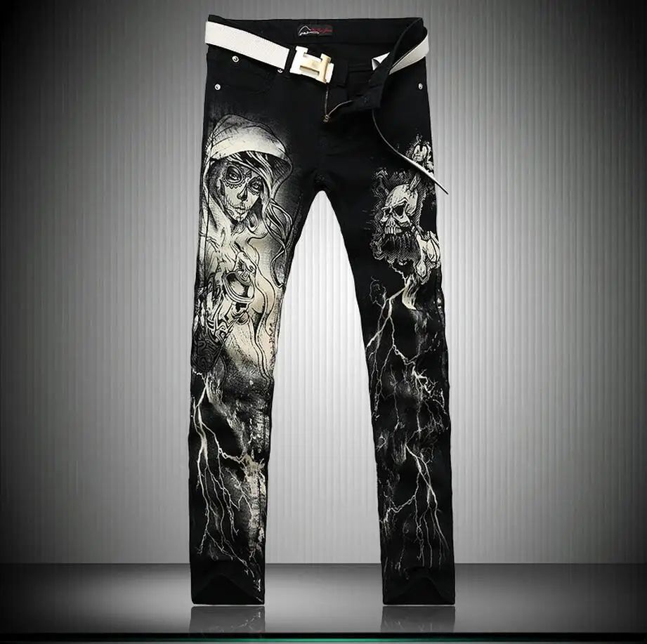 2026 New Men Fashion Slim Casual Pants Personality Non Mainstream Printing Jeans Male Plus Size Trousers Singer Costumes 28-38