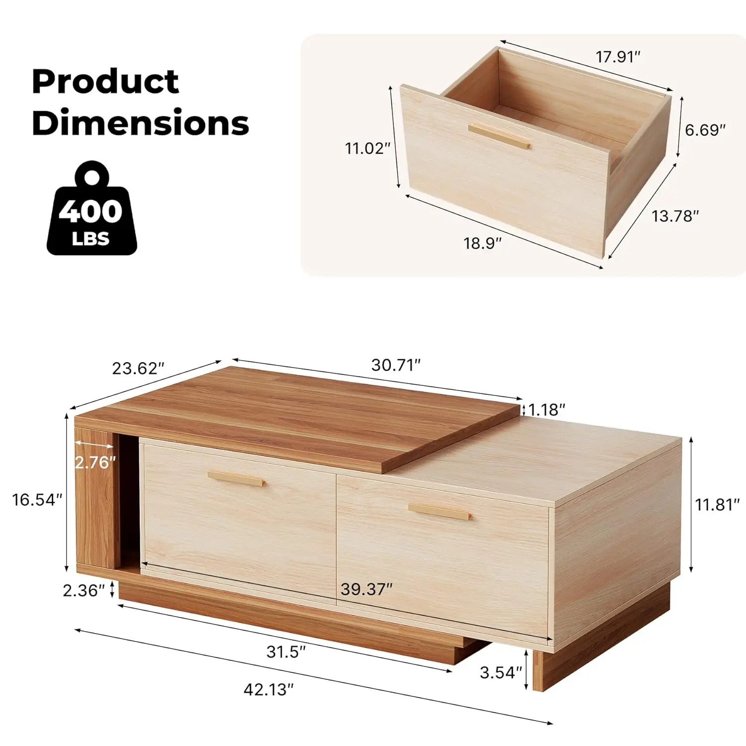 طاولة قهوة قابلة للتمديد مقاس 42 بوصة - 65 بوصة مع مساحة تخزين، طاولة قهوة خشبية قابلة للعكس مع درجين، علامة تبويب مركزية كبيرة قابلة للتعديل بلونين