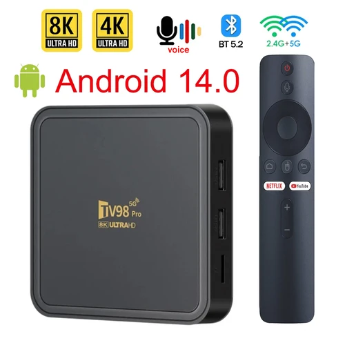 TV Box Android 14 TV98 Pro ATV Allwinner H313 Quad Core 8K Video 4K 2GB 16GB Wifi Dual BT5.2 Control remoto por voz inteligente TV Box
