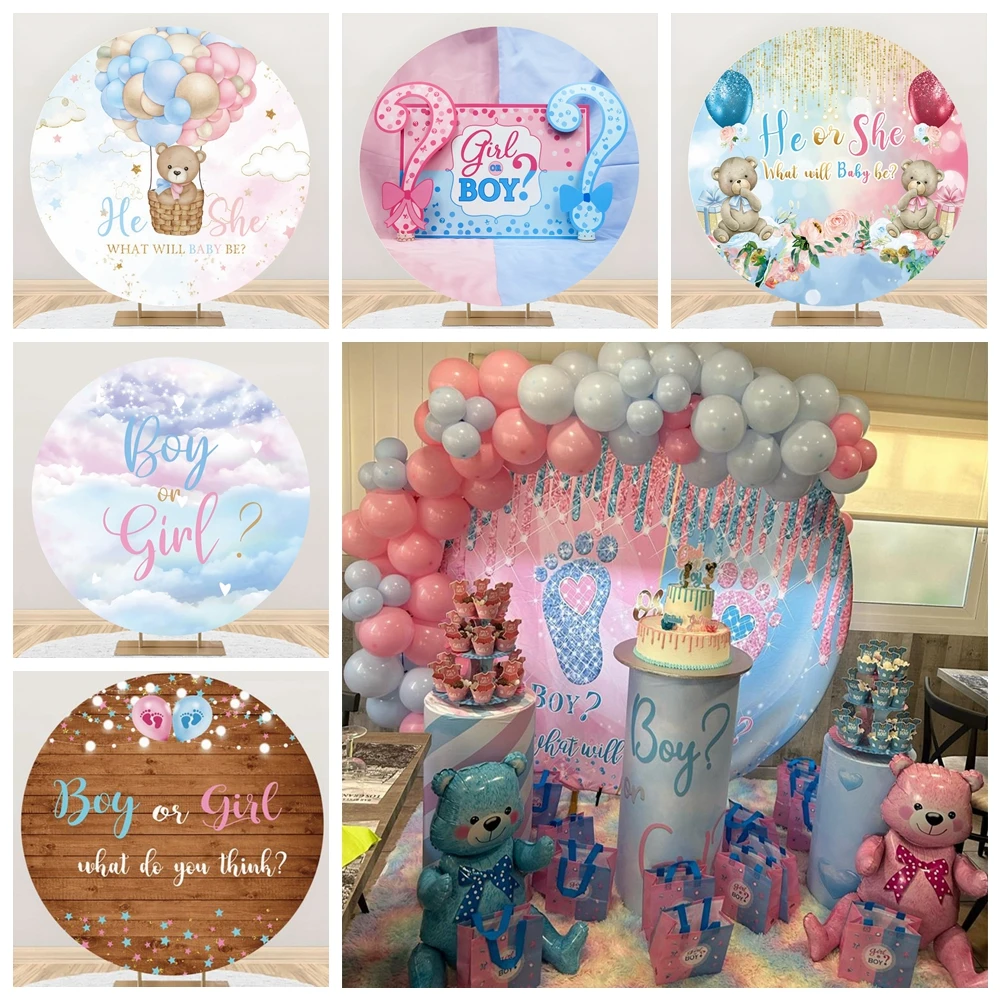 

Boy or Girl Baby Welcome Newborn Gender Reveal Party Decor Teddy Balloon Round Backdrop For Photography Background Props Custom