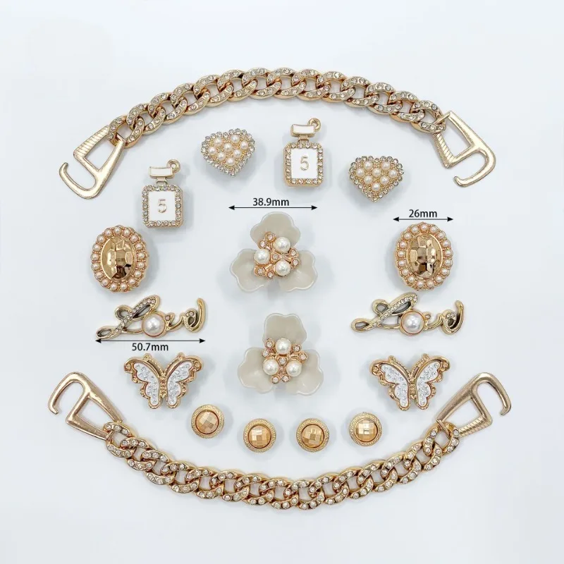 18 قطعة مجموعة سحر الأحذية الفاخرة الملحقات ثقب إبزيم الحذاء الرجعية حجر الراين فراشة الذهب سلسلة DIY بها بنفسك الأحذية زينة الفتيات هدية