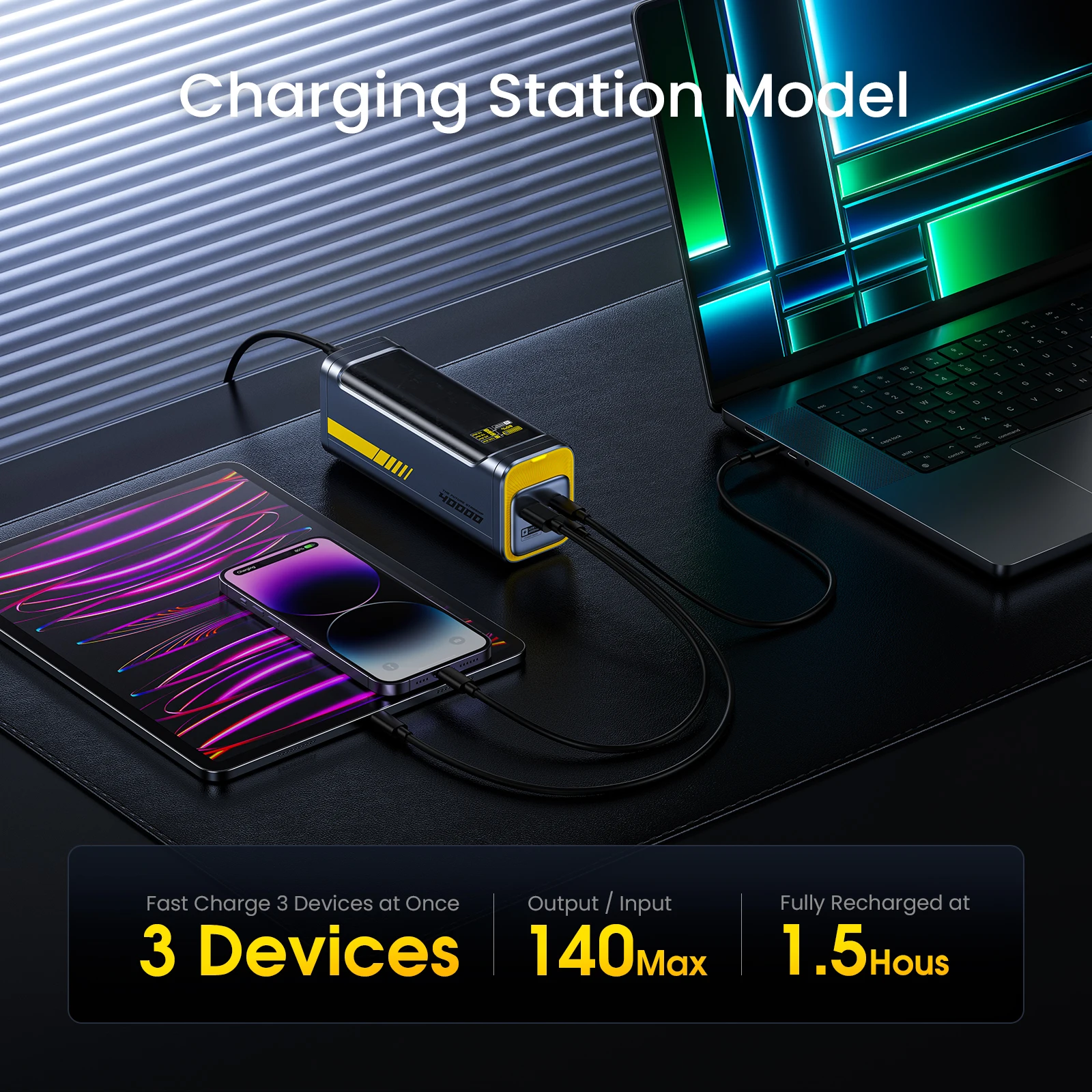 AOHI Starship 40,000mAh Power Bank 140W Charger with 3FT C-C Cable