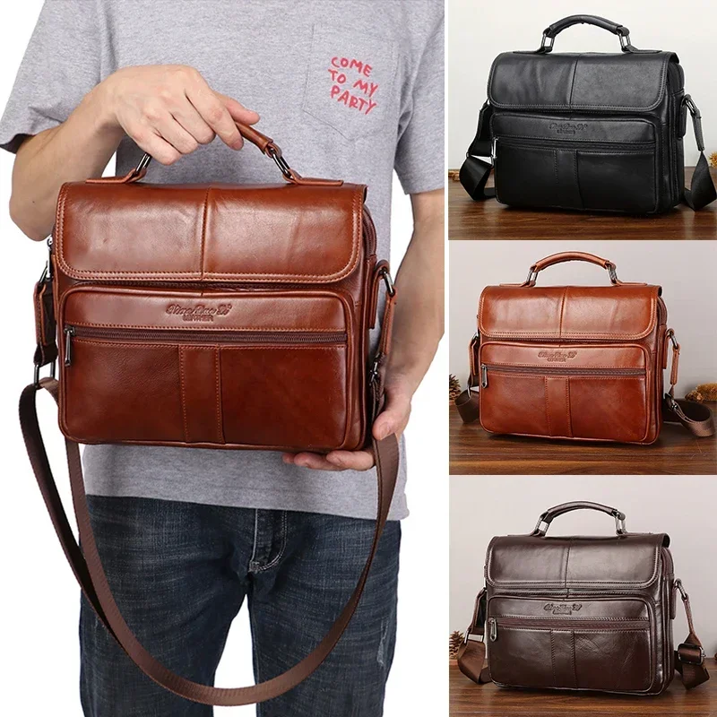 Vintage Luxury Handbag Cowhide Tote Shoulder Genuine Leather Briefcase for Man Business Messenger Crossbody Side Cross Bag