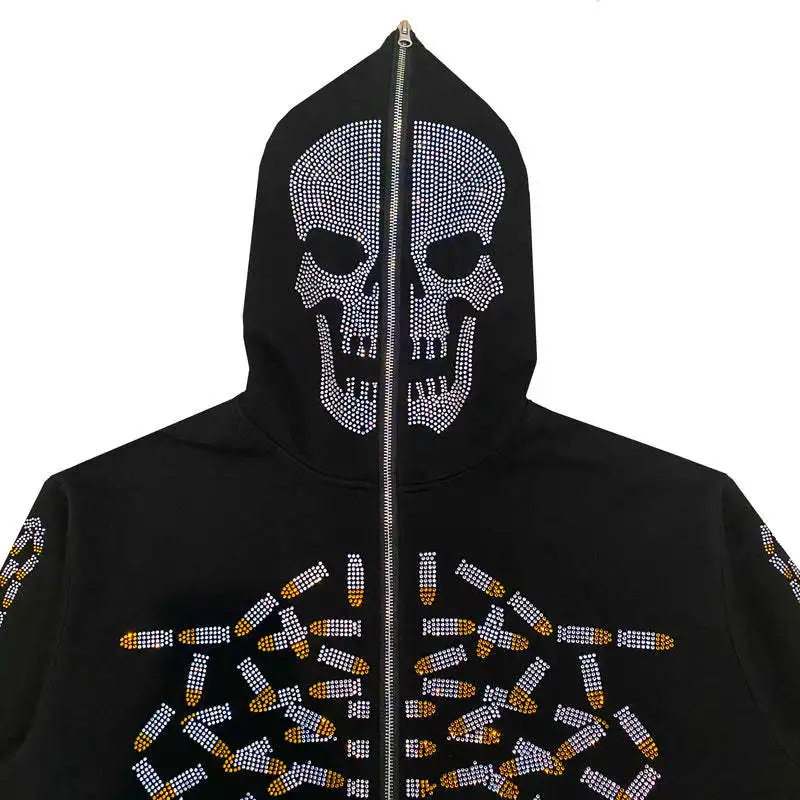 Y2K Skeleton Rhinestone oodies Women Gothic Hoodie Zip Up Casual Sweatshirts Punk Retro Harajuku Hooded Woman Jacket Streetwear