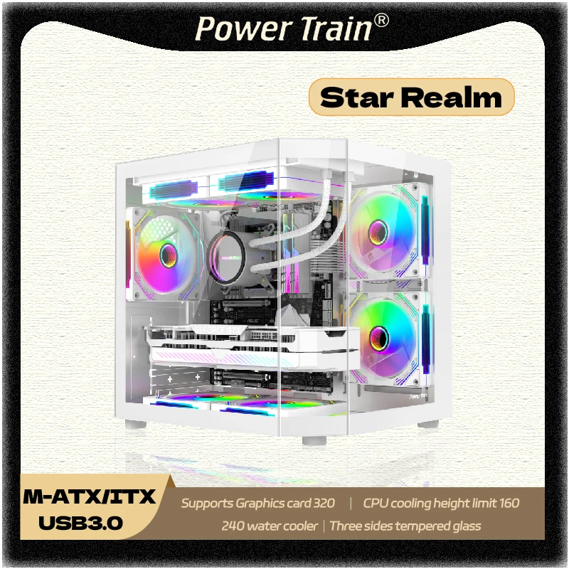 Power Train Star Realm M-ATX PC Case Three Sided Glass Panoramic Sea View Room 240 Water Cooler Computer Chassis Gabinetes Gamer