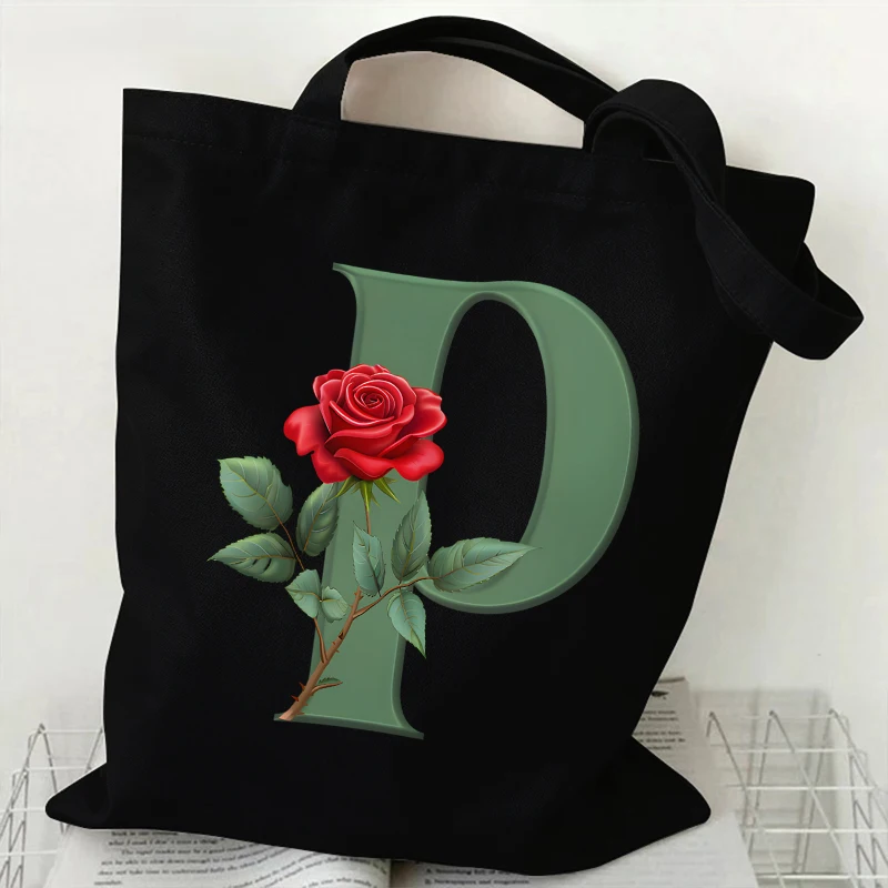 الورود الخضراء A-Z 26 الأبجدية طباعة أكياس للنساء قماش حمل حقيبة تسوق الطلاب الكتب حقيبة كتف قابلة للطي صديقة للبيئة