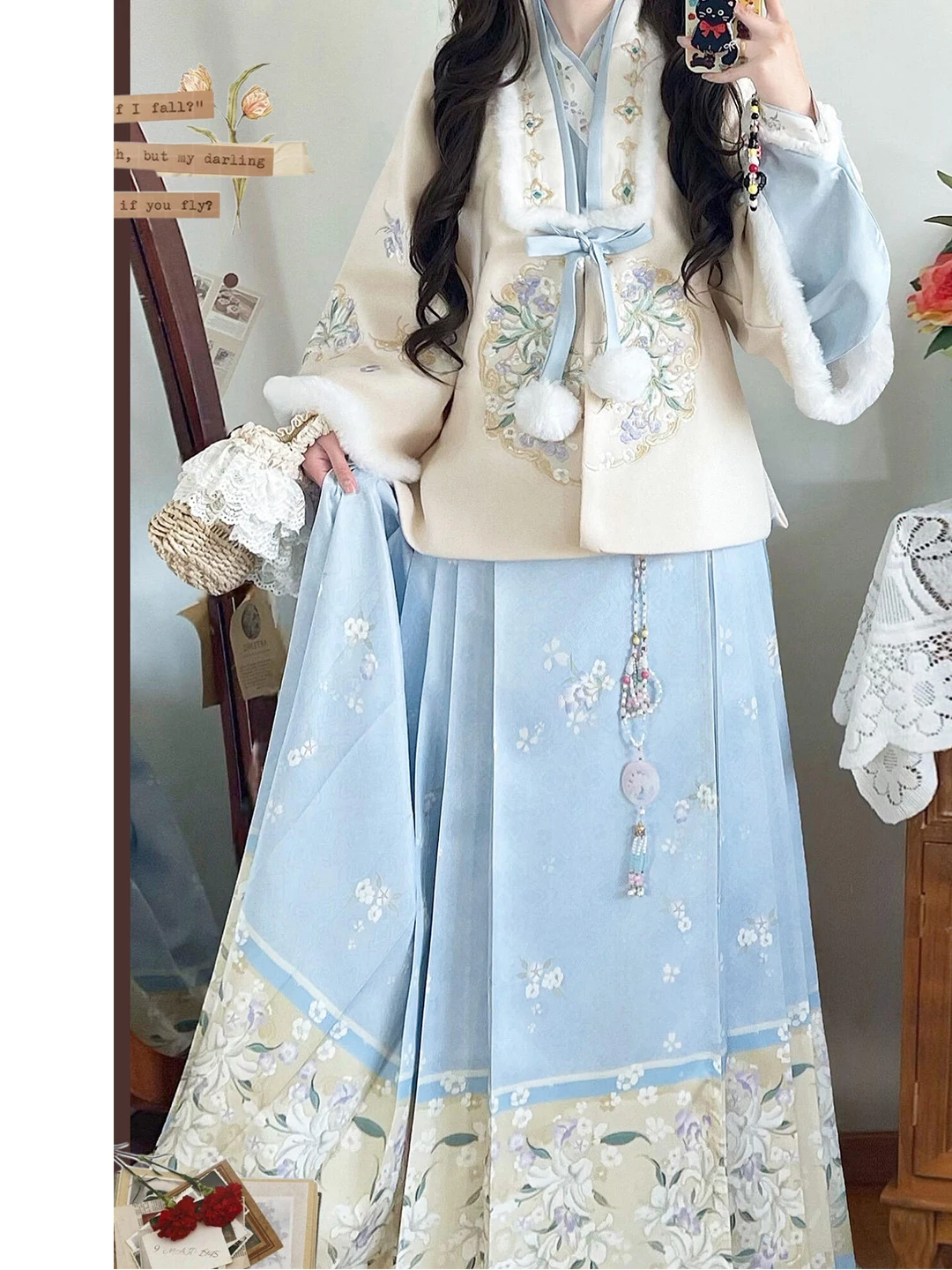 Blue Ming Dynasty Style Women's Fleece Lined Ma Dress Hanfu Daily Autumn Winter New Sweet Style under Skirt Traditional Chine...