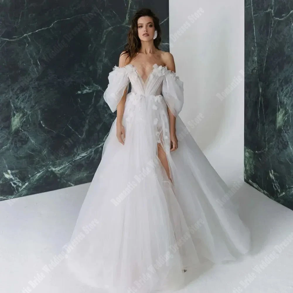 Wunderschöne von der Schulter Frauen Tüll Brautkleider großen Rock Säume Prinzessin Brautkleider Wisch länge Vestidos de Novias