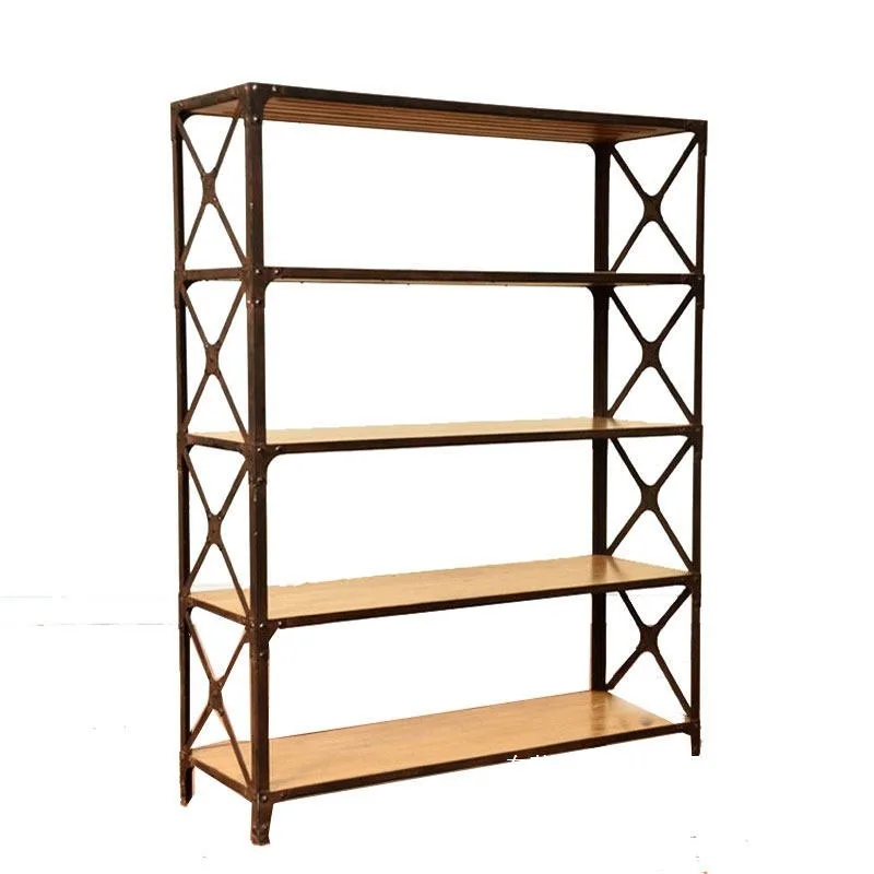 American kitchen rack wrought iron rack, solid wood retro bookshelf floor-to-ceiling bookcase display rack