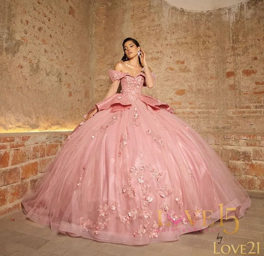 Rose Pink Off Shoulder Princess Quinceanera Dresses Long Sleeve Sparkly 3D Floral vestido 15 quinceañeras Chapel Train Prom