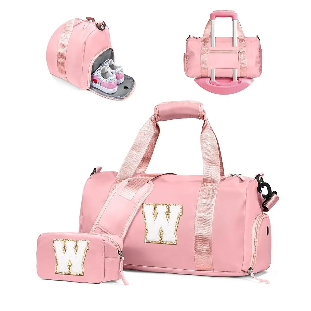 Christmas Gifts for Girls-Girl Gym Bag with Shoe Compartment, Kid Personalized Weekender Overnight Bags, Initial Travel Tote