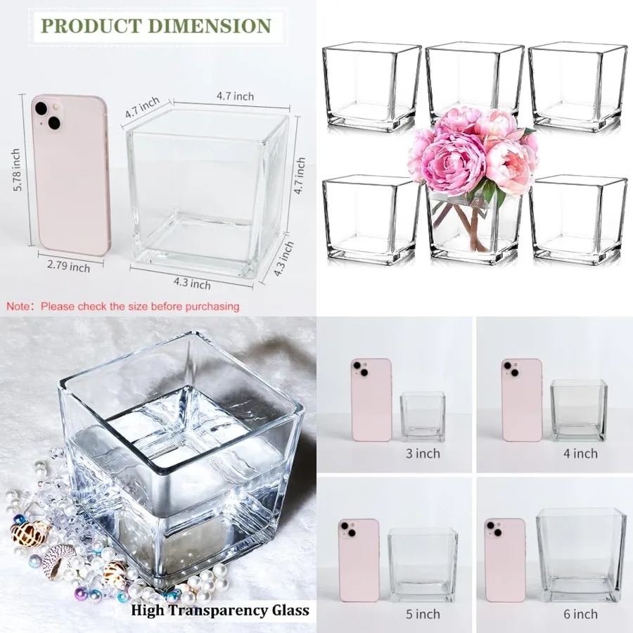 

Set of 6 Square Glass Vases 5 x5 x 5, Clear Flower Vases for Centerpieces, Candle Holder for Wedding Party Events, Home Decor