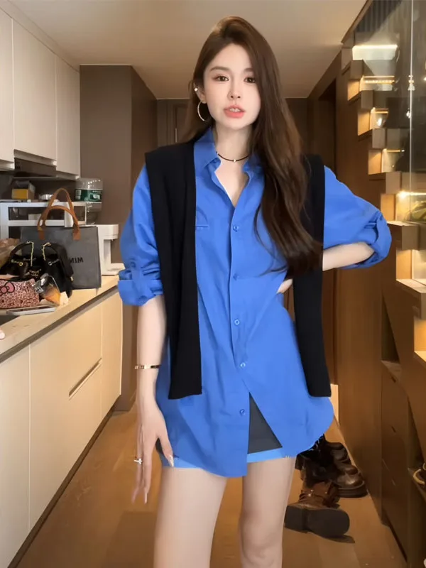 

Blue Shirt Top Women's Lazy Style Early Autumn New High Waist Skirt Fashion Set Three Pieces Long Sleeve Collar Commute ...