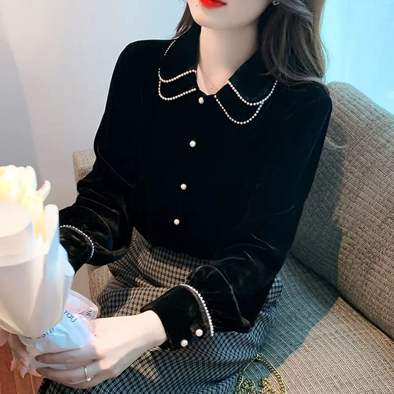 Black Gold Velvet Shirt Top for Women\'s Autumn Winter New Long Sleeve Loose Solid Youth Vintage Blouse Fashion Casual Clothing