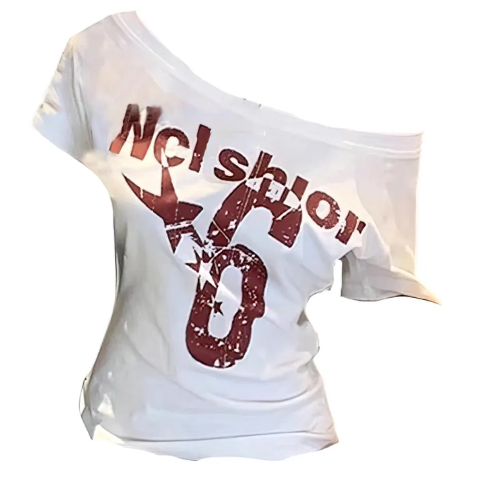 

Vintage Y2k Off Shoulder Top Skew Collar Letter Print Short Sleeve Body Basic Basic Crop Top Casual Wear