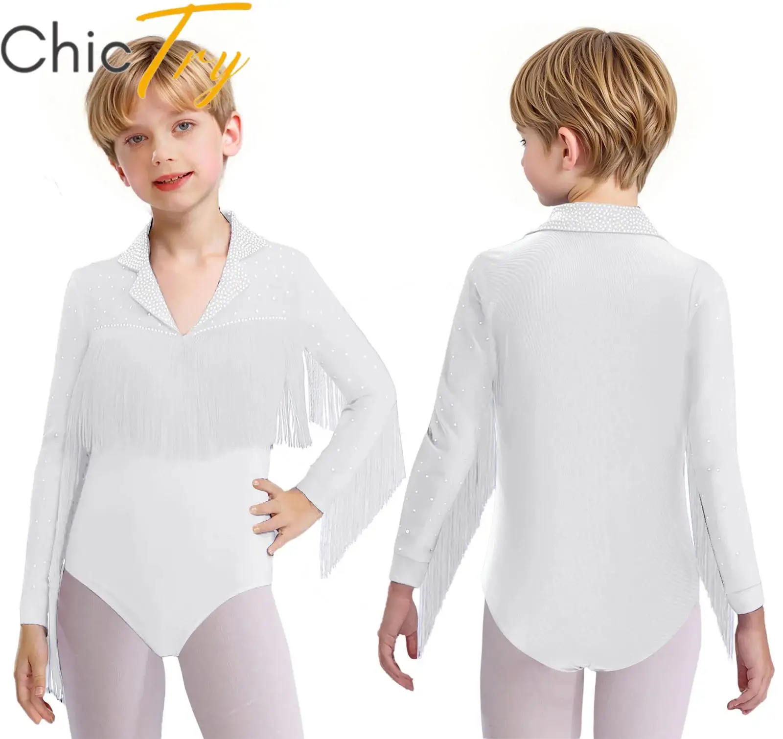 

Kids Boys Latin Dance Leotard Modern Ballroom Dancewear Long Sleeve Shiny Rhinestones Tassel Bodysuit for Stage Performance