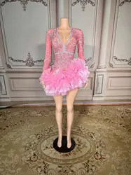 Multi-color Rhinestone Chain Slit Mini Dress Women Evening Party Birthday Prom Sexy Fashion Short Outfit Singer Dance Stage Wear