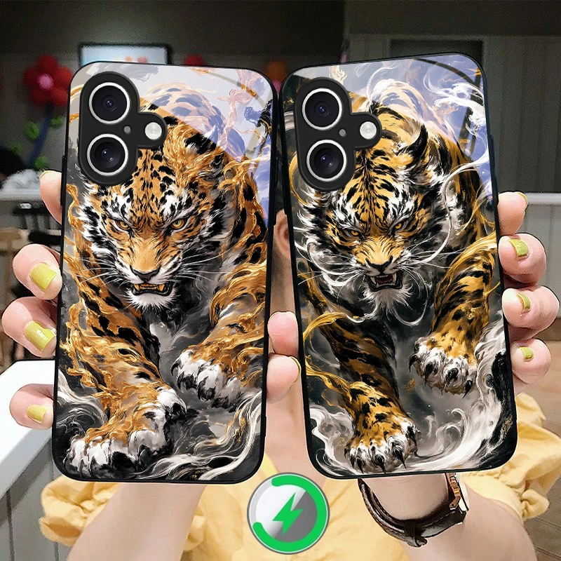 Funda Magnética de Cristal Mighty Golden Leopard para iPhone 16, 17 Pro Max, 15 Pro, 14, 13 Plus, 12 mini, 11, 16 Air, 17 Pro