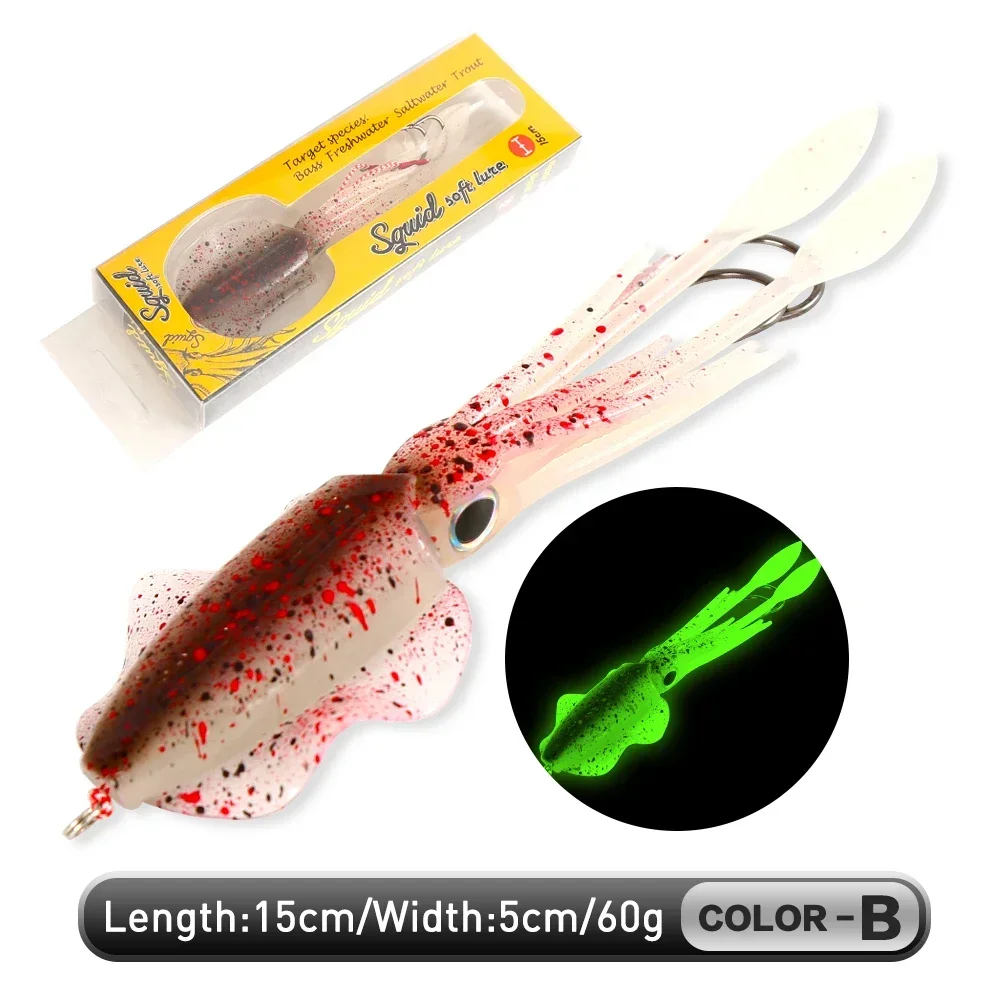 ZUKIBO Weiche Tintenfisch Köder Angeln Trolling Köder Octopus Kopf Jigs 60g Leuchtende UV Tintenfisch Jig für Tiefsee Boot angeln Wobbler Köder