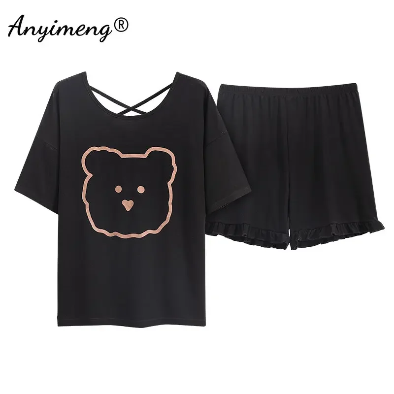 Plus Size Women Pajama Summer Shorts Soft Modal Moon Bear Printing Chic Design Sleepwear Lady\'s Lingerie Cool Pijama Nightwear