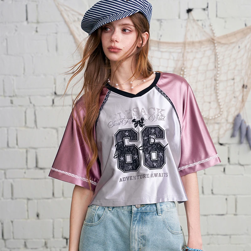 ELFSACK Raglan Sleeve Cropped Baseball Tee, 