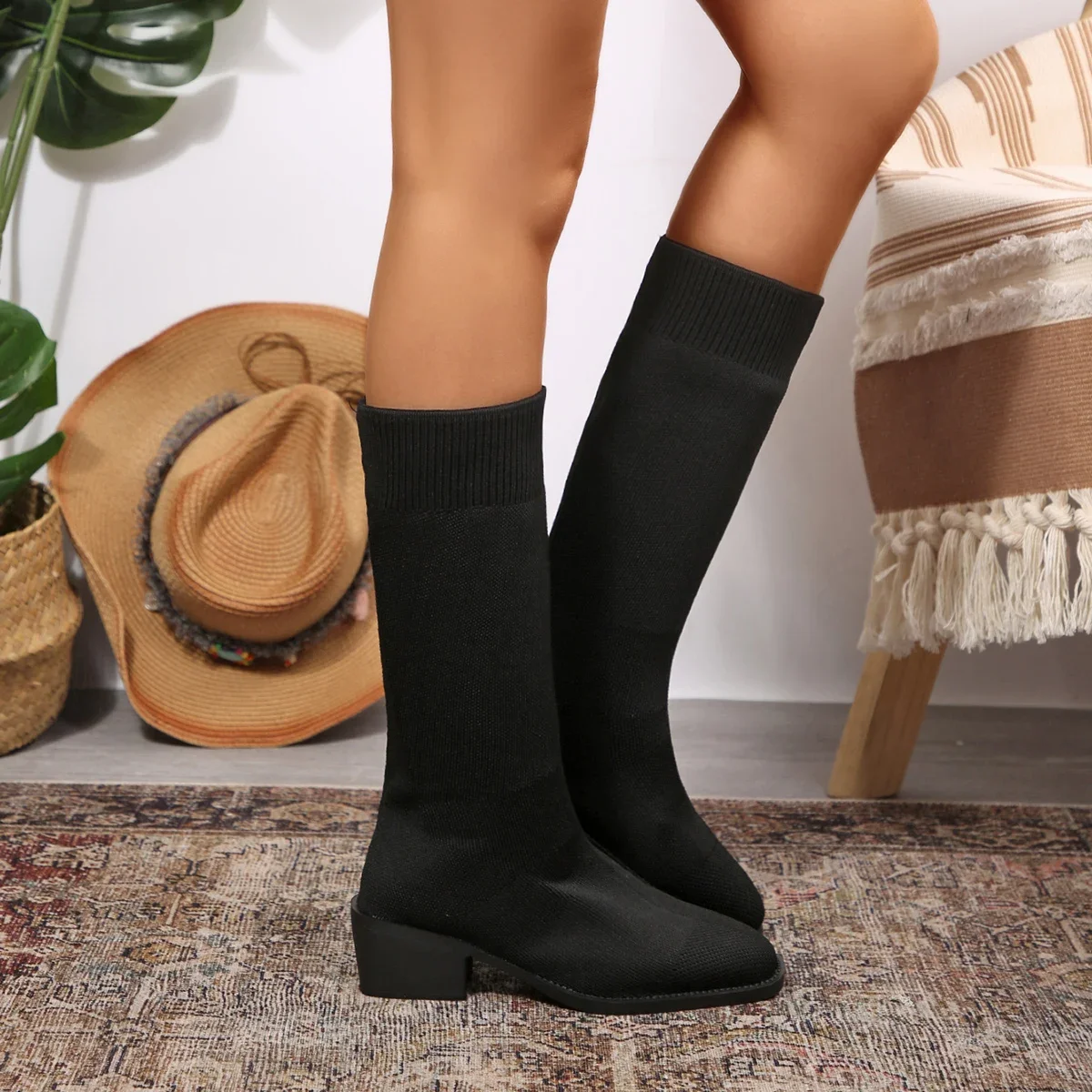 Frühling Herbst Mode Damenstiefel Quadratische Spitze Gestrickte Sockenstiefel Slip-on Halbstiefel Damen High Heels Übergrößen 35-43 Schuhe – Detail 18