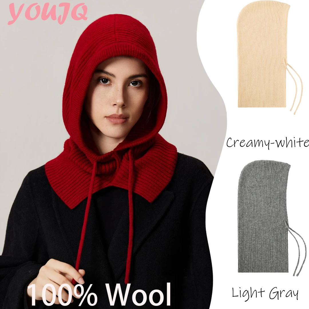 

Y2K унисекс, 100% шерстяная вязаная шапка с капюшоном для мужчин и женщин, регулируемая зимняя теплая кашемировая шапка, шапка с воротником на шее, шарф, шапки на шнурке