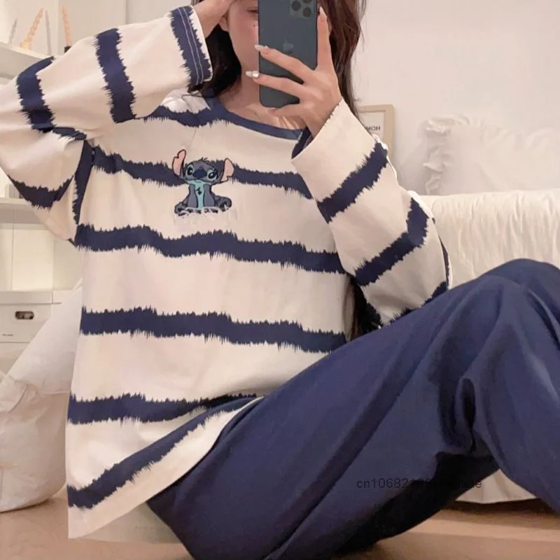 Disney Stitch Women Striped Chest Cushion Sleepwear Spring Autumn New Long Sleeved Pants Set Korean Style Cute Cartoon Home Wear