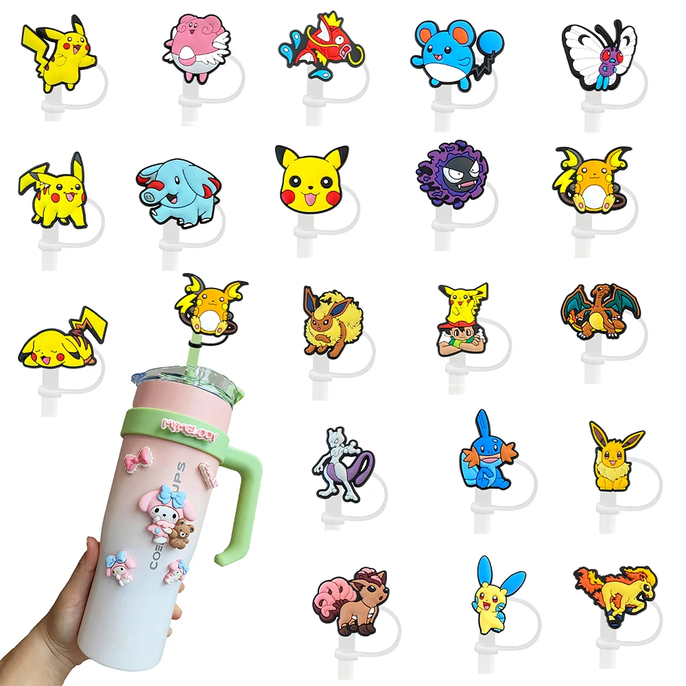 Tapas de Silicona para Pajitas de 10 mm con Diseño de Pikachu de Pokémon, Tapas para Vasos de Vidrio, Compatibles con Vasos de 30 y 40 Onzas con Asa, Reutilizables y a Prueba de Polvo