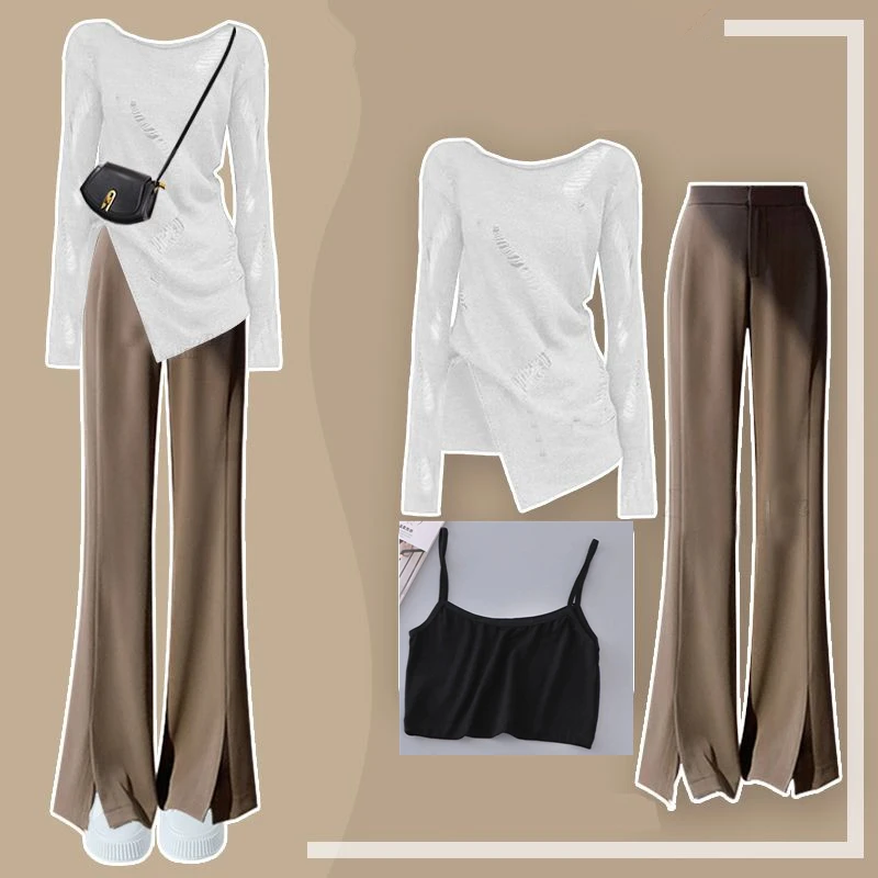 Women\'s Autumn Fashion Hole Split T Shirts Sling Flare Pants Sets Lady Falls Casual Solid Long Sleeve Crop Tops Trousers Outfits