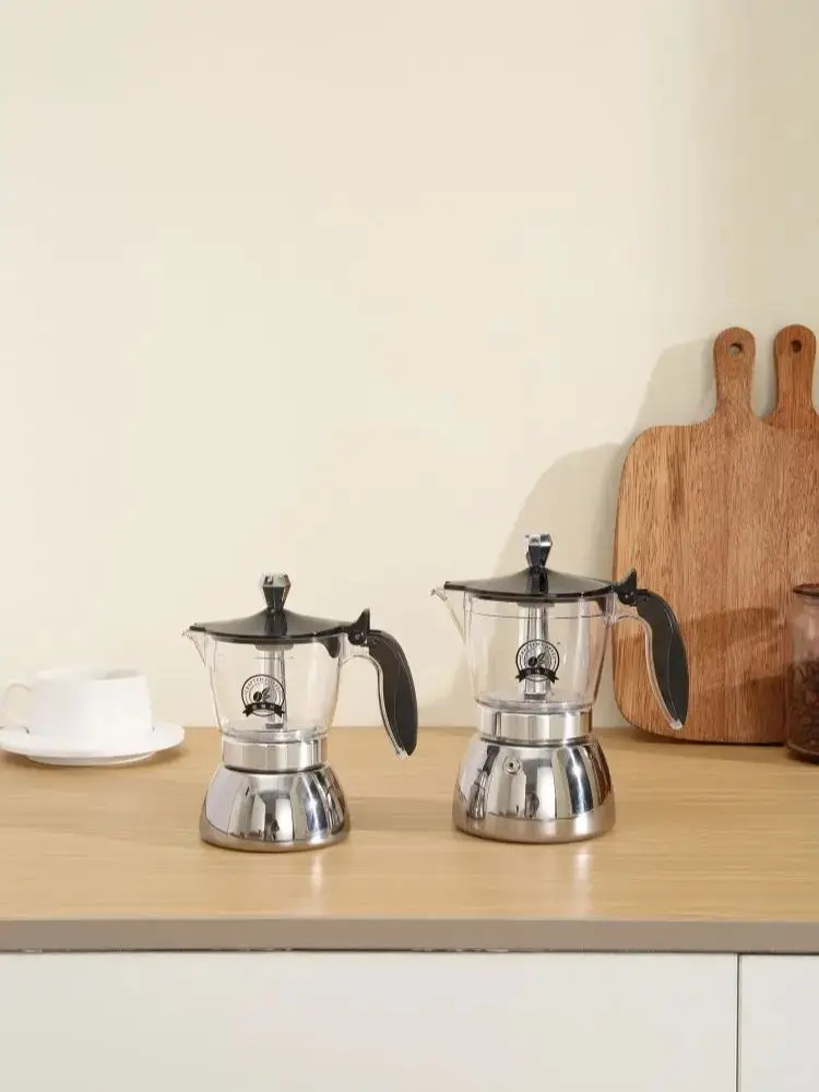 Pot Moka transparent en acier inoxydable 4/6. Corps unique en résine transparente, base 430. Utilisation à la maison/bureau/camping. Fonctionne sur induction et gaz