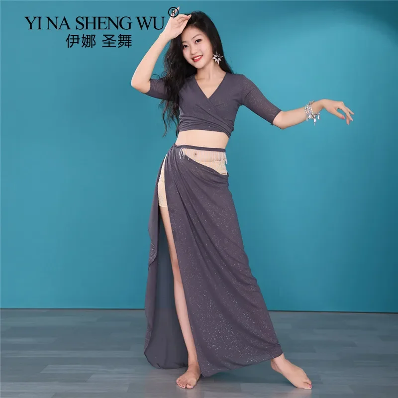 Belly Dance Top Women Elegant Training Suit Split Long Skirt Professional Performance Practice Outfit Adult