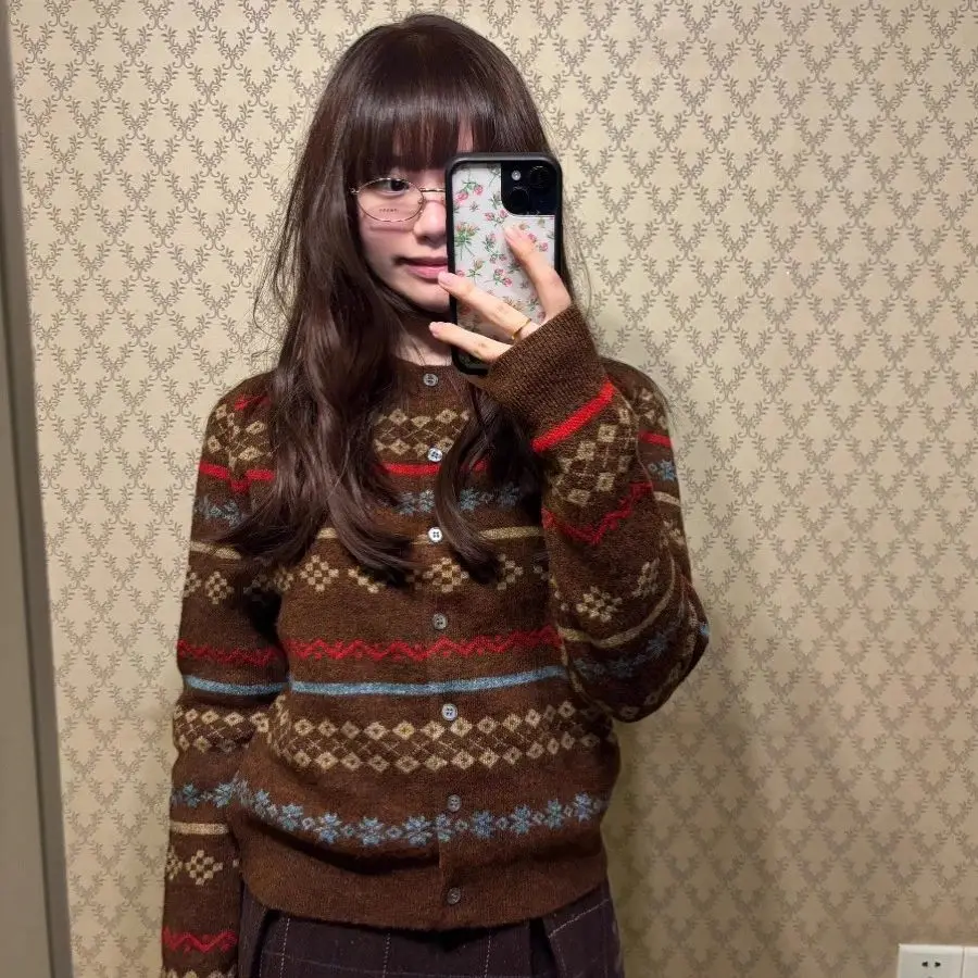 Vintage jacquard malha cardigan feminino outono inverno em torno do pescoço fino ajuste manga longa camisola casaco moda colheita topos