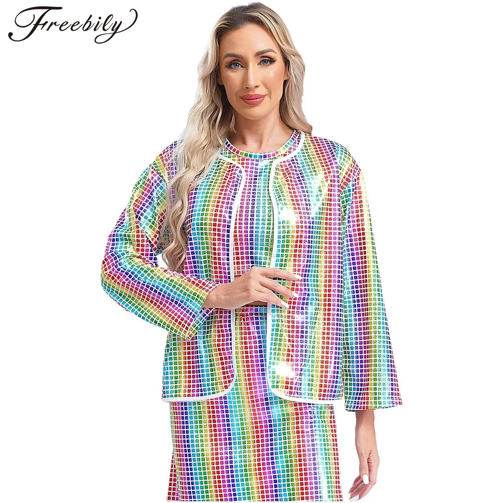 Moda mujer Bolero cuadrado lentejuelas Cardigan abrigo chaquetas Clubwear Disco noche encogimiento de hombros Top carnaval Festival traje de fiesta de noche