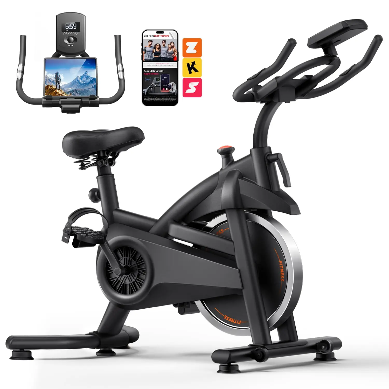 Exercise Bike,Brake Pad Stationary Bike for Home with 0-100 Resistance & App, Silent Belt Drive Stationary Workout Bike