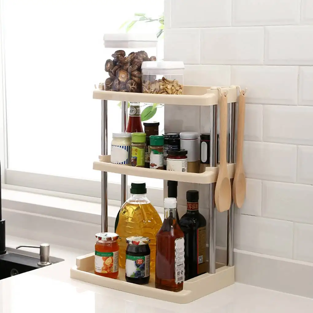 Multifunction 3 Layer Kitchen Shelf Plastic Stainless Steel Living Room Bathroom Desktop Shelves Organizer Storage Rack