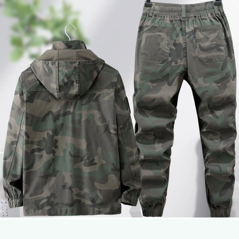 Men's Spring And Autumn Cotton Elastic Camo Suit Set Outdoor Durable Welding Work Suit Hooded Long Sleeve Coat Elastic Pants