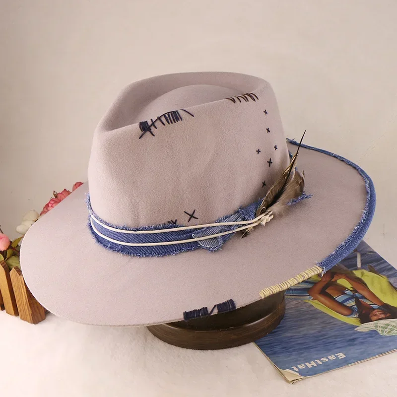 Western Style 100 Percent Wool Fedora Hat Braided Ribbon Feather Trim Felted Jazz Cap Autumn Winter